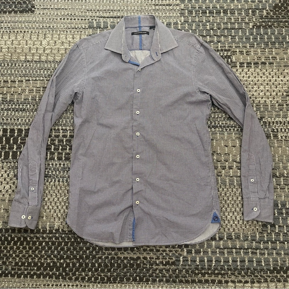 Men’s Hammer Made Long Sleeve Button Down Shirt, Blue Black White Check, Neck 16